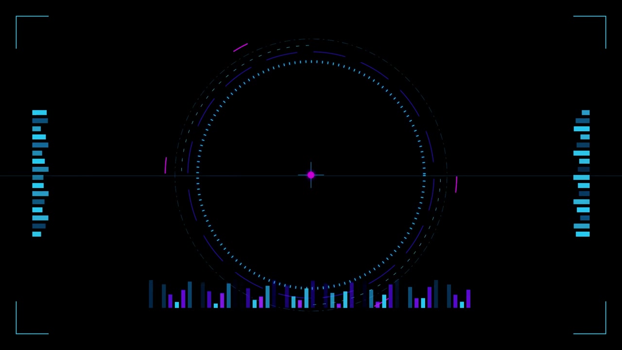 Futuristic Digital HUD Interface with Rotating Circular Radar and Data Graphs