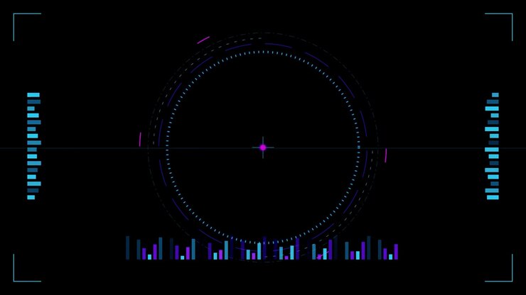 Futuristic Digital HUD Interface with Rotating Circular Radar and Data Graphs