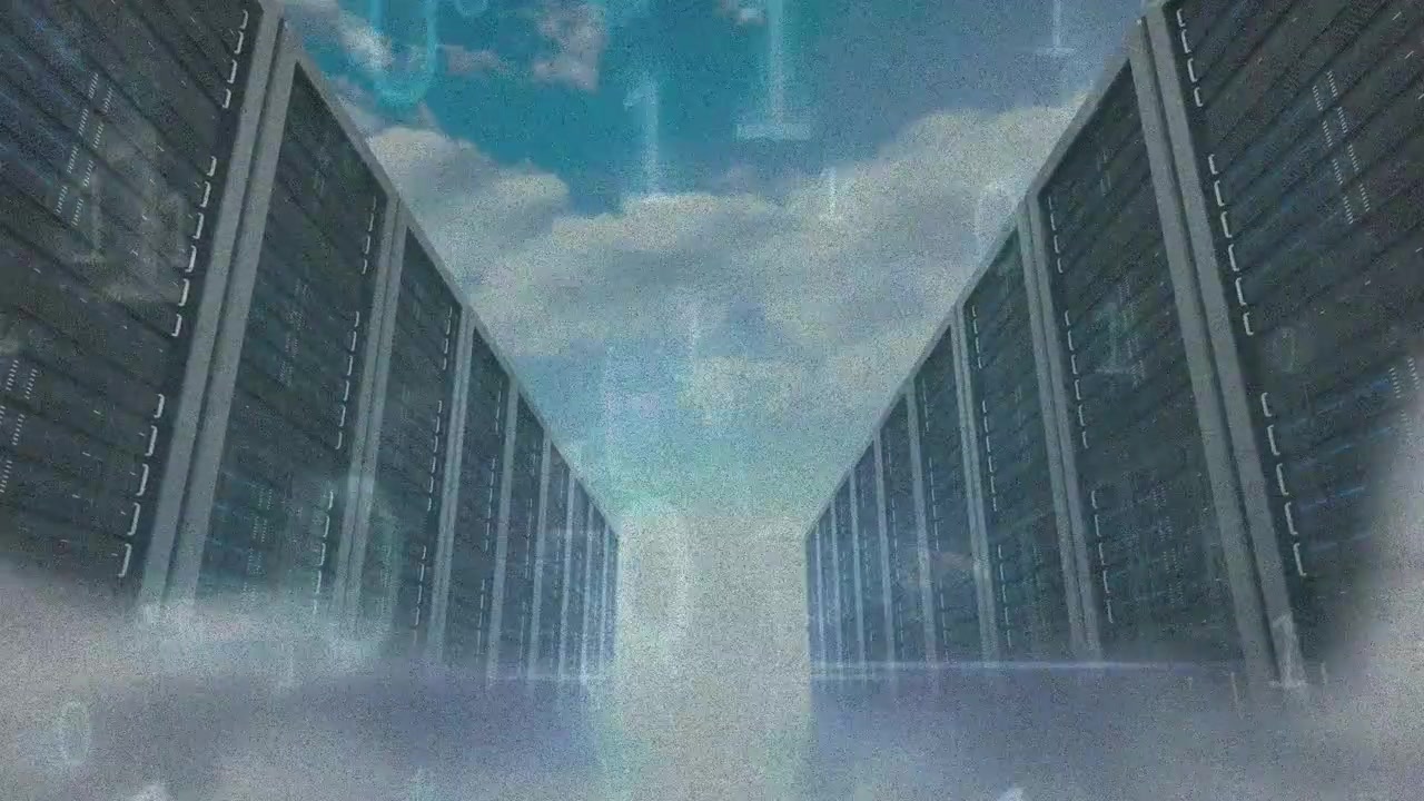 Animazione di codice binario e di una figura umana su server.