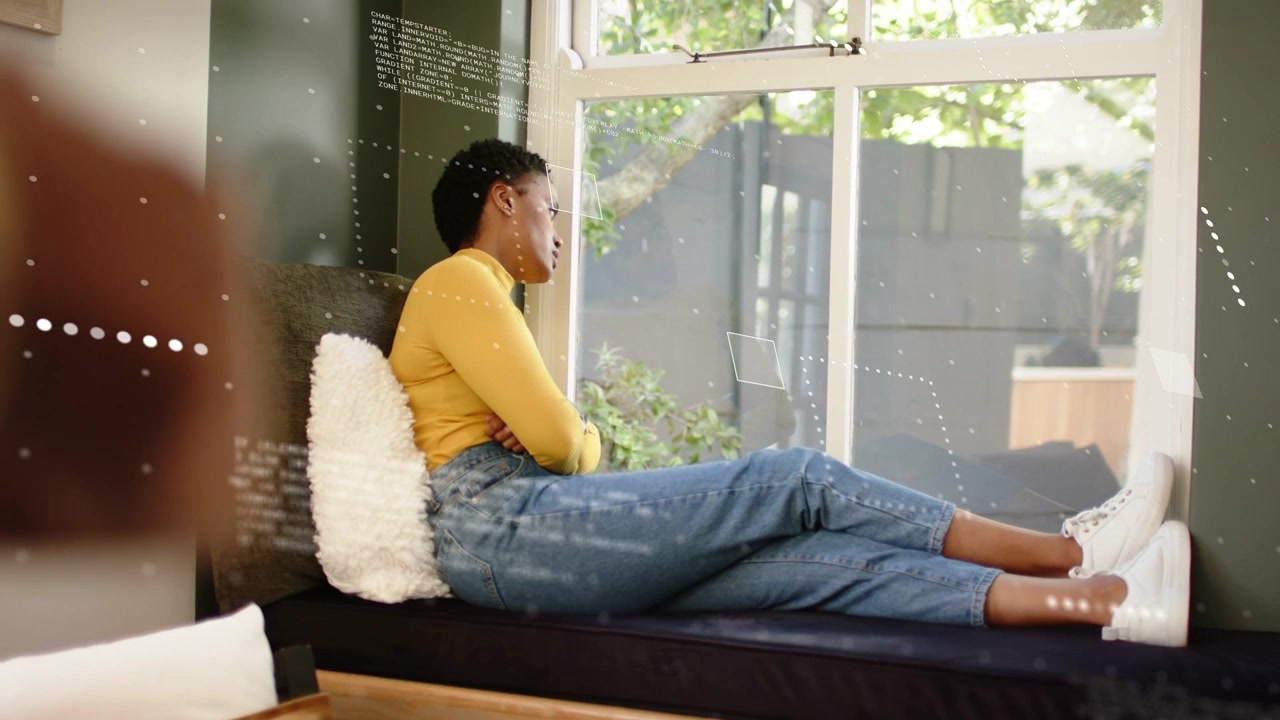 Adult woman sitting on window bench, observing yard, HUD overlays floating, blurred object crossing