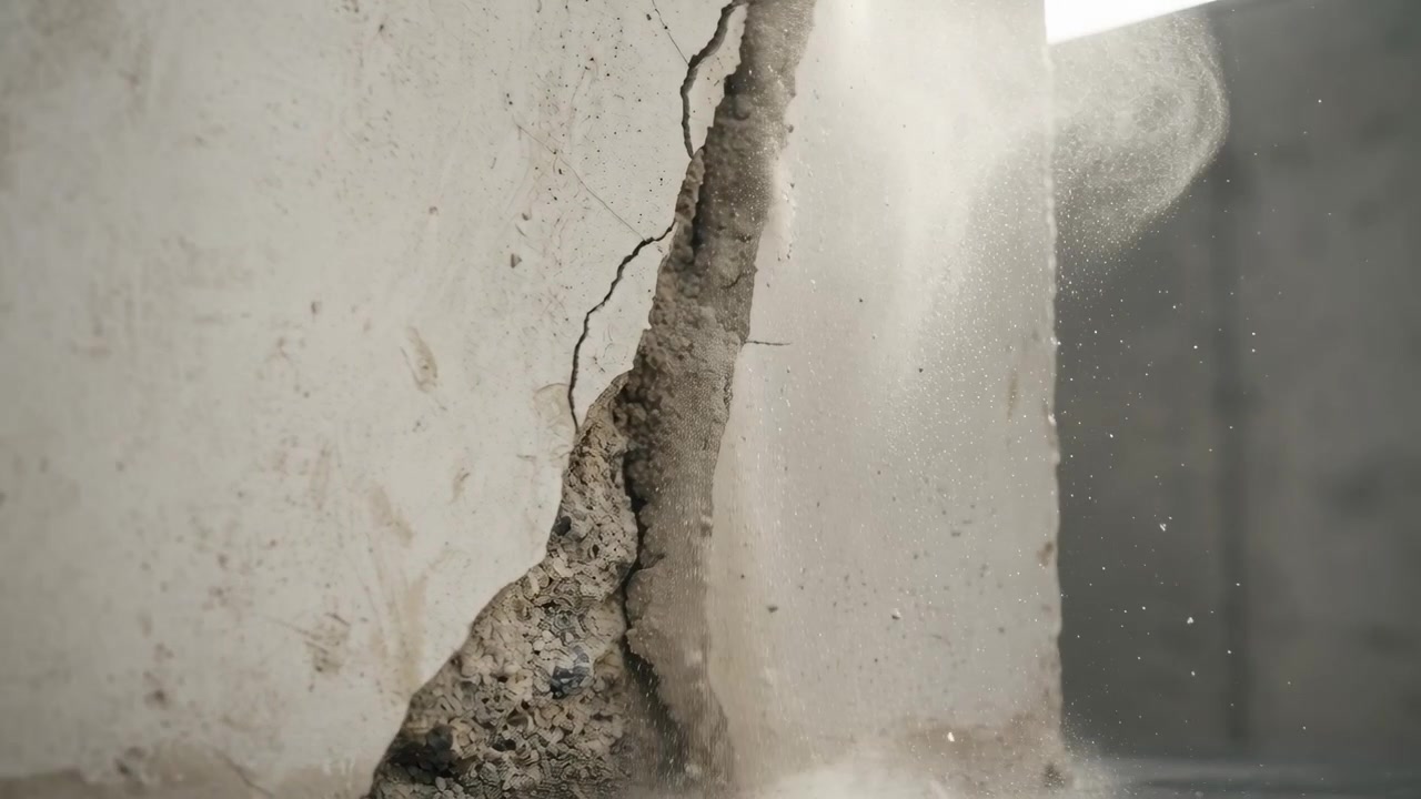 Muro intonacato danneggiato che perde materiale sfuso nella finestra, con polvere che si deposita sul davanzale metallico a causa del deterioramento.