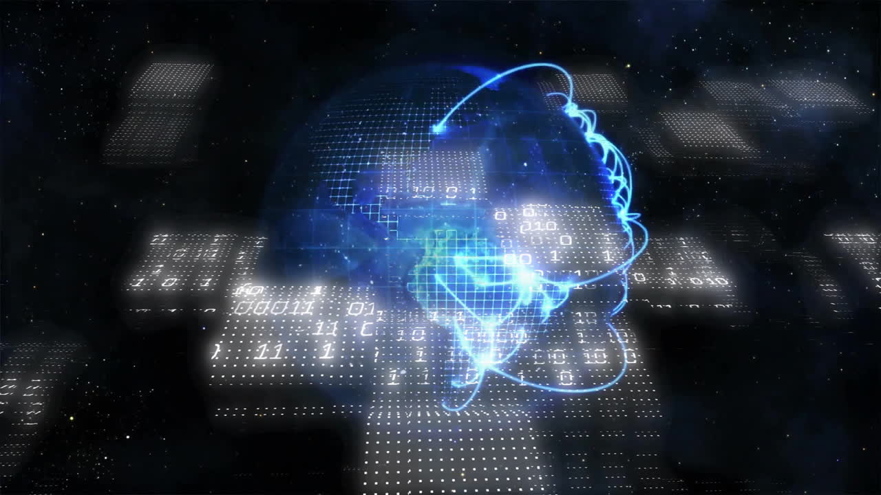 Animation of digital globe with blue lines and binary code for global network