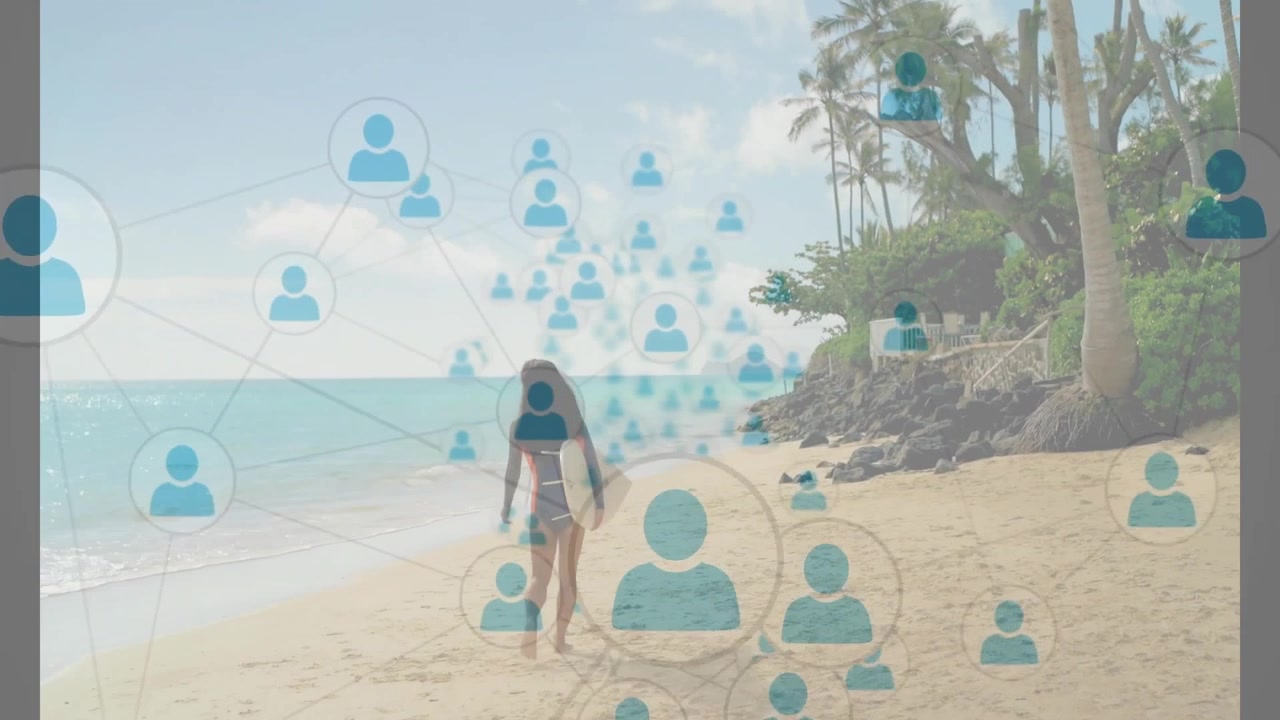 Woman Walking on Tropical Beach with Digital Social Network Overlay
