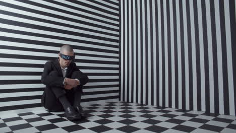 man wearing vr headset in abstract setting
