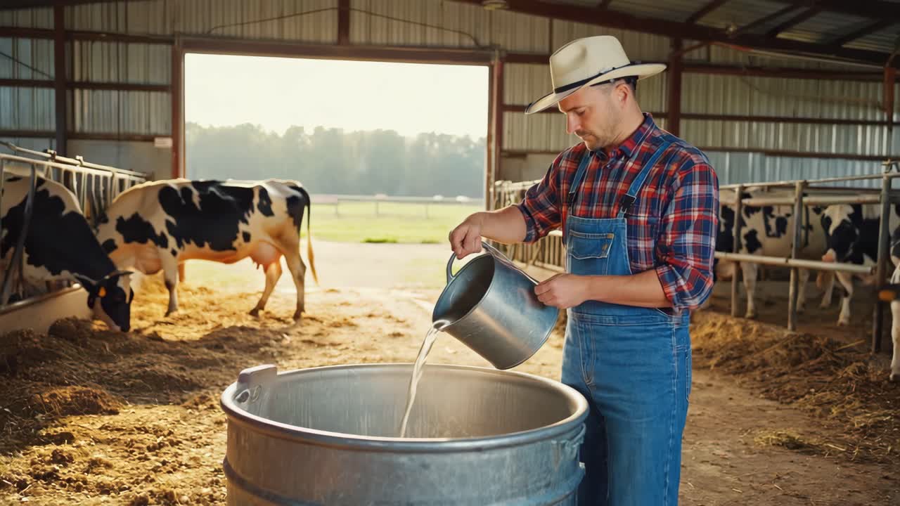 Farmer filling water trough for cattle in barn