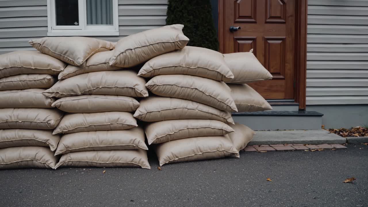 Sandbags piled up in front of a house