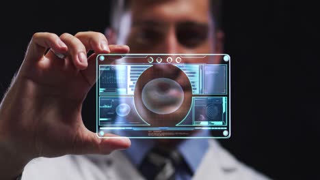 animación de un científico masculino con una pantalla interactiva con procesamiento de datos médicos