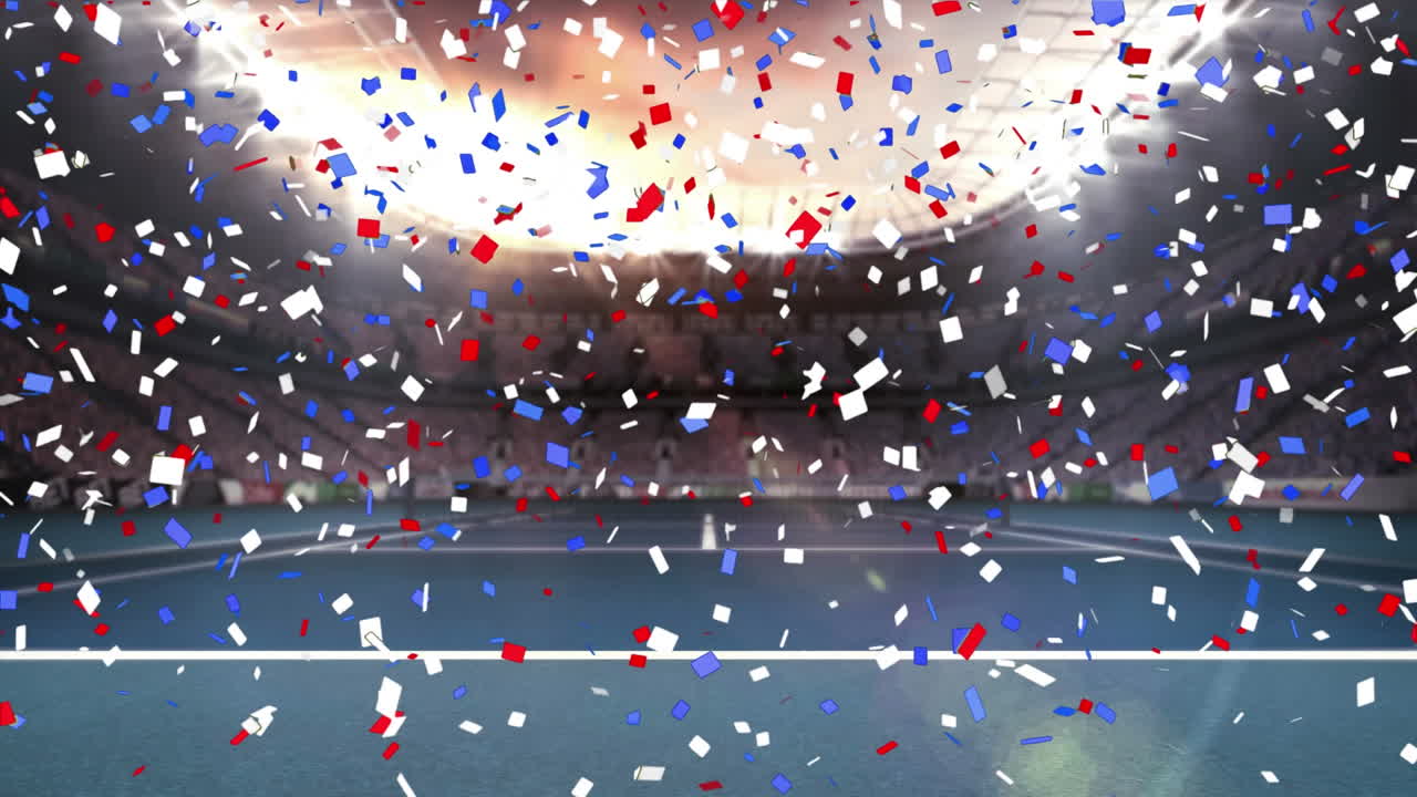 테니스 코트 위에 떨어지는 콘페티의 애니메이션