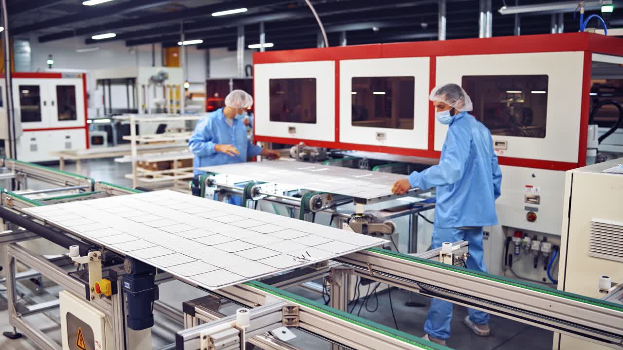 Innovative technologies in the modern factory. Specialists in blue uniform working inside technologically advanced plant.Automated equipment indoors.