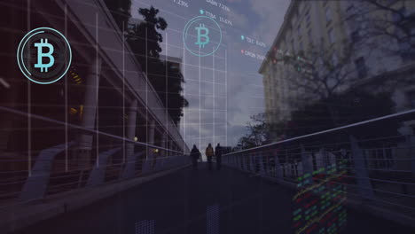 animation of data processing and bitcoin symbols over people walking on street