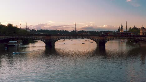 Aerial---Bridges-over-the-Vltava-River,-Prague,-Czech-Republic,-wide-shot-above