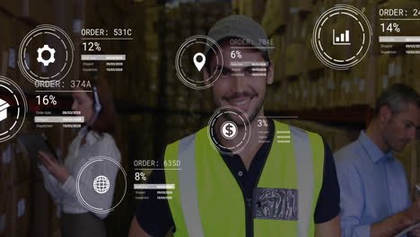 animation of data processing against portrait of caucasian male worker smiling at warehouse