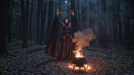 A mystical video scene captures a witch stirring a cauldron in a dimly lit forest