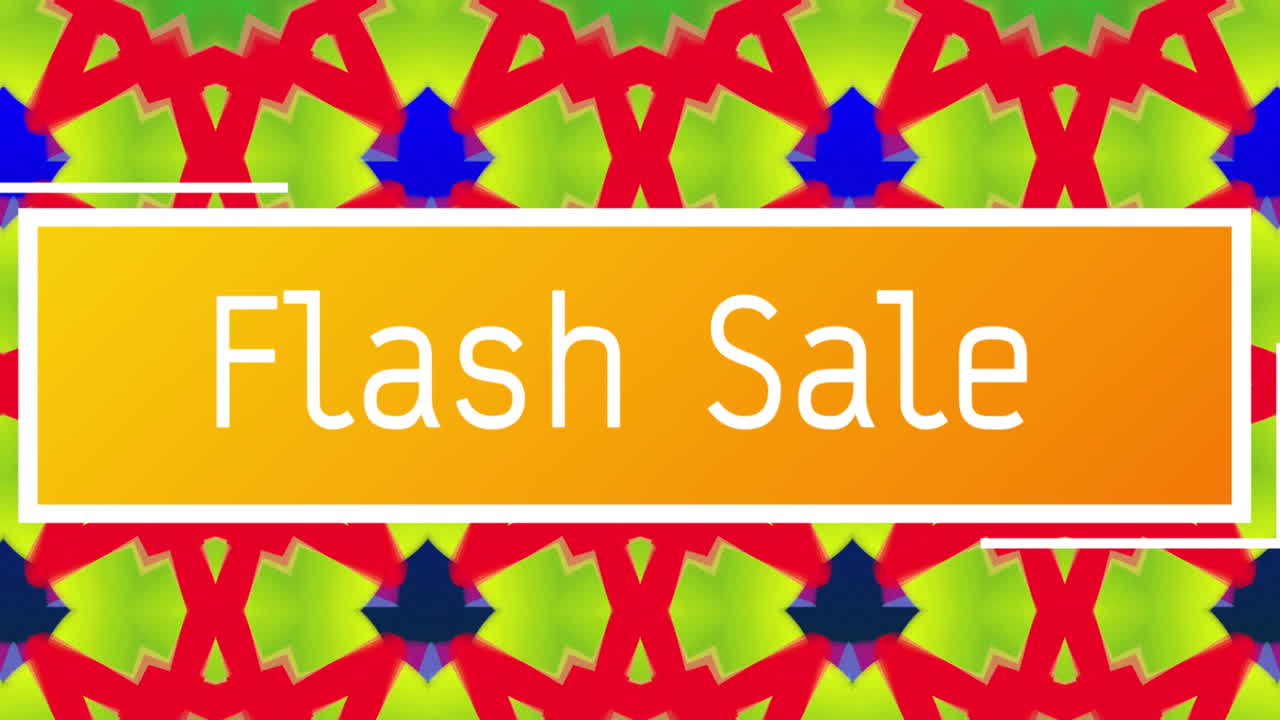 오렌지색 배너에  ⁇ 색으로 플래시 판매 텍스트의 애니메이션, 다채로운 칼레이도스코프 모양 위에