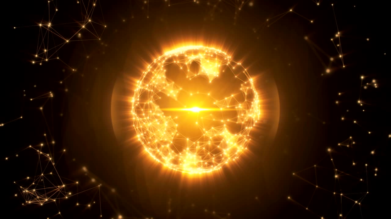 абстрактная сфера из соединенного сплетения белые точки и линии и пульсирующий свет в центре