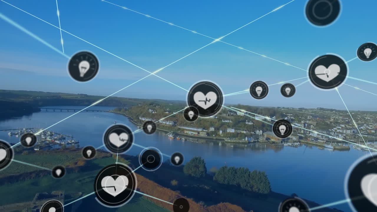 анимация сети соединений с иконами сердца над ландшафтом