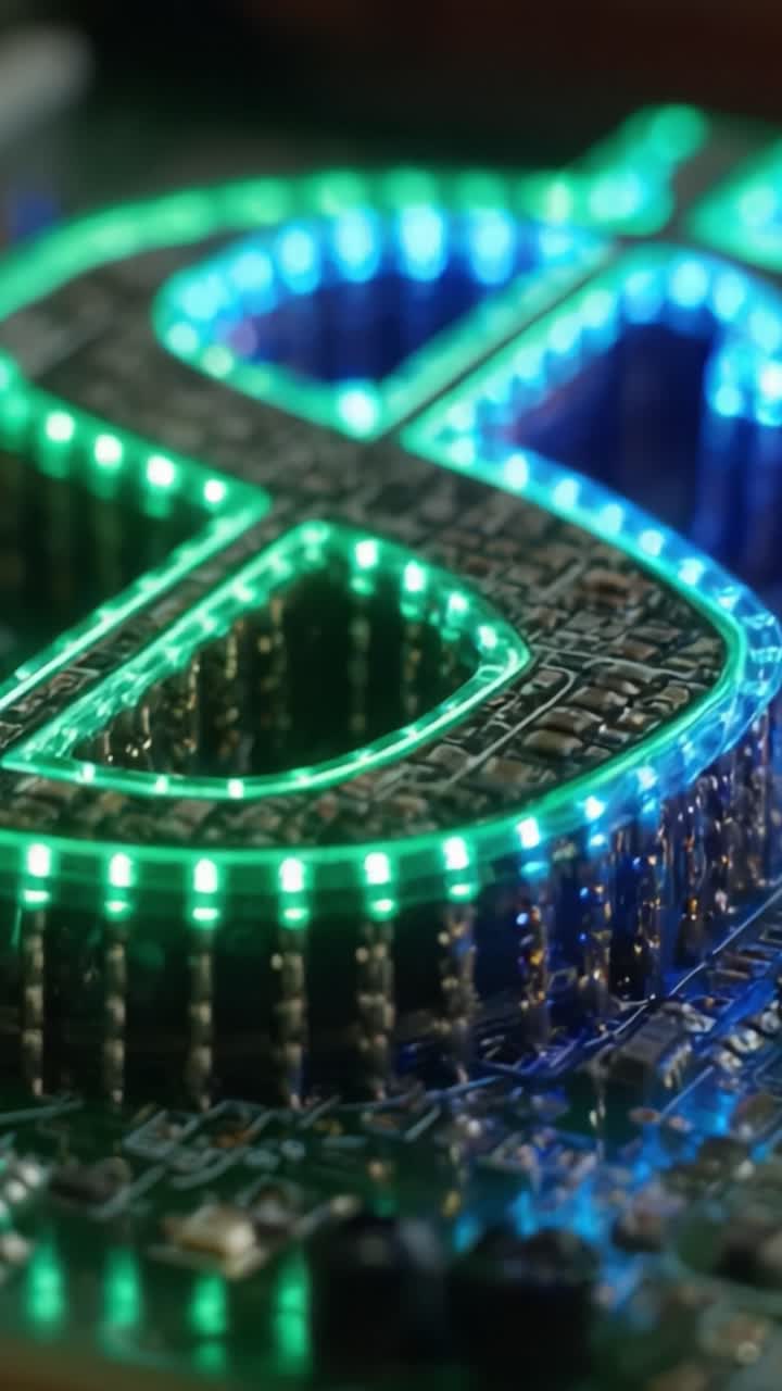 Närbild av ett neonupplyst kretskort med en detaljerad design av ett dollartecken, belyst med livfulla gröna och blå ljus som framhäver dess komplexitet och teknologi