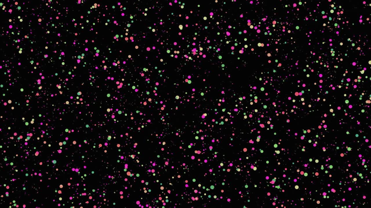 burbujas abstractas de colores que fluyen caóticamente sobre un fondo negro, bucle sin costuras. animación. patrón festivo con partículas de confeti, buque sin costuras