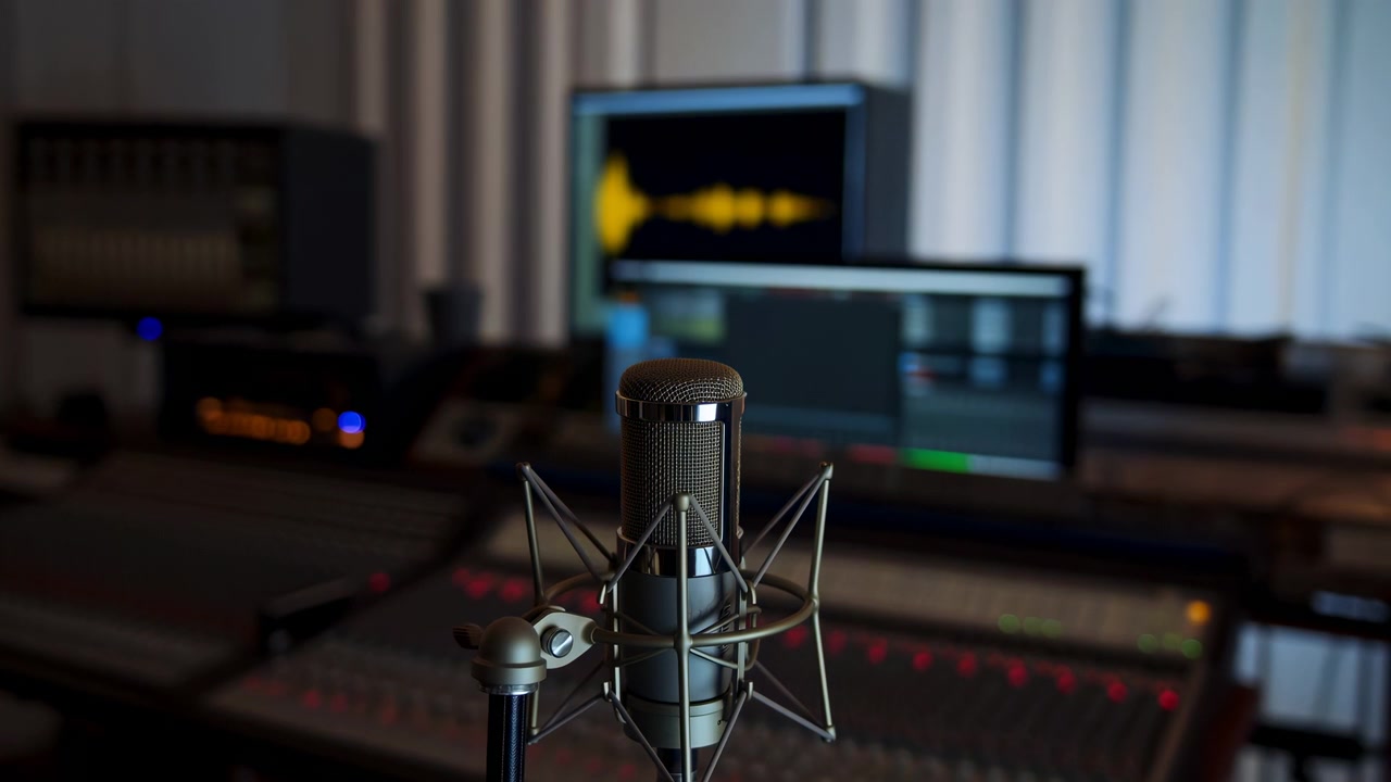 Large-diaphragm condenser microphone in metal shock mount stands sharply focused in foreground while blurred mixing console, rack gear, and dual monitors shift from warm to cool glow behind it