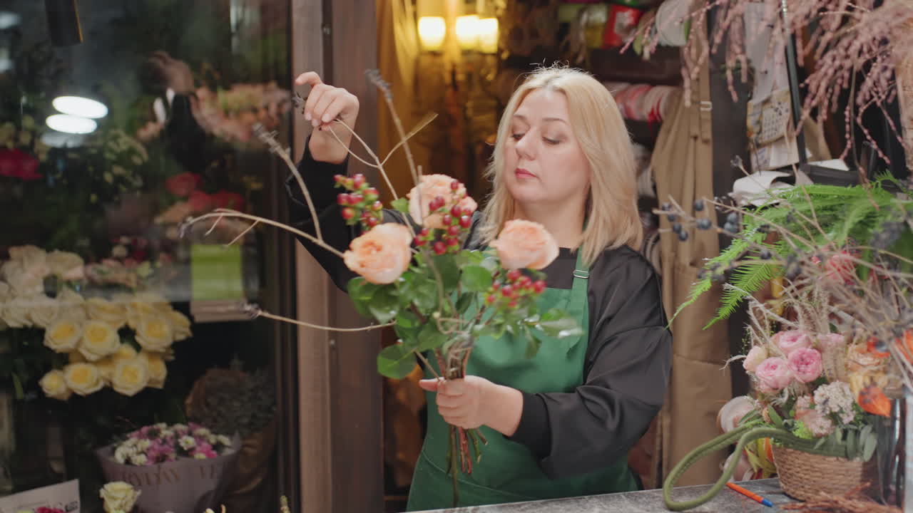 Fiorista che crea un bouquet di rose color pesca su un bancone di marmo, taglia gli steli e sistema ramoscelli e verde, con il bagliore caldo di una lampada, mani concentrate sulla composizione, forbici e nastro nelle vicinanze, esposizione floreale.