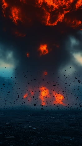 massive explosion in urban environment. a powerful explosion erupts in a city, illuminating the sky with flames and debris as buildings stand in the background.