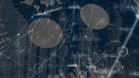 Animation-of-connections,-financial-data-and-graphs-processing-on-navy-digital-screen