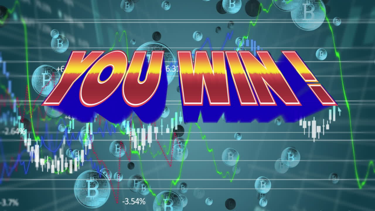 animación de usted ganar en el espacio abstracto digital con gráficos y bitcoins