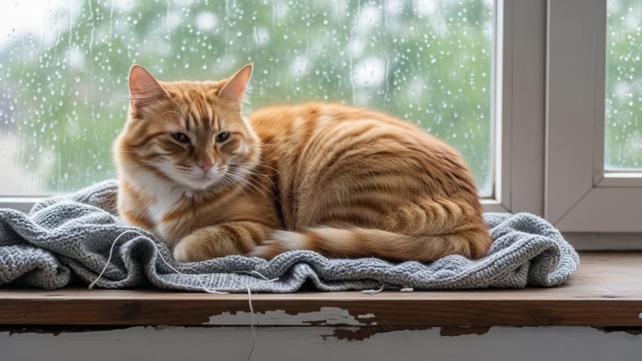 A Cozy Orange Cat Relaxing by the Rainy Window, Perfectly Content on a Soft Blanket, Capturing a Moment of Tranquility and Comfort in a Rainy Day Setting