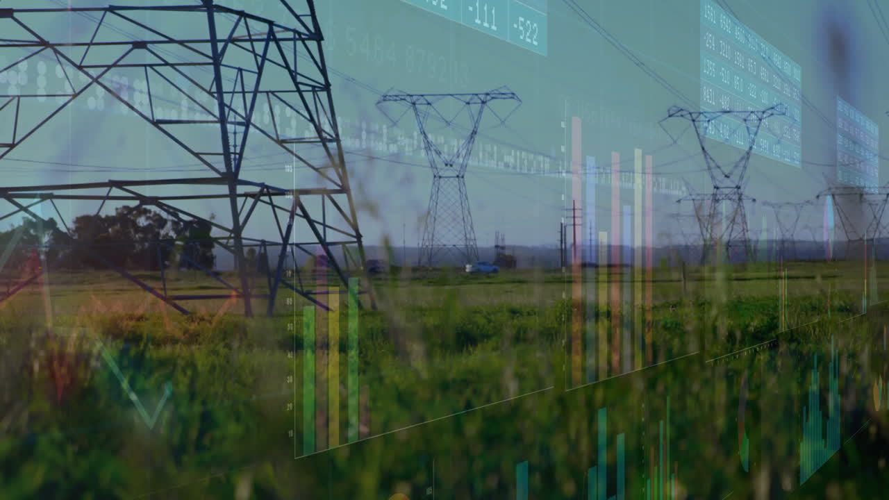 Power lines over green field with financial data processing animation