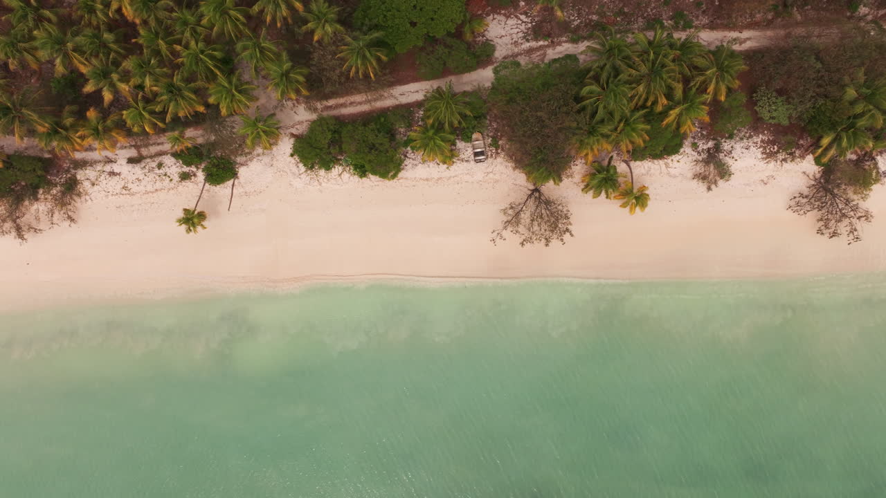 Vertical drone shot showing a white sand beach, turquoise lagoon shallows, palm grove and a parked car on a coastal track in Ouvea