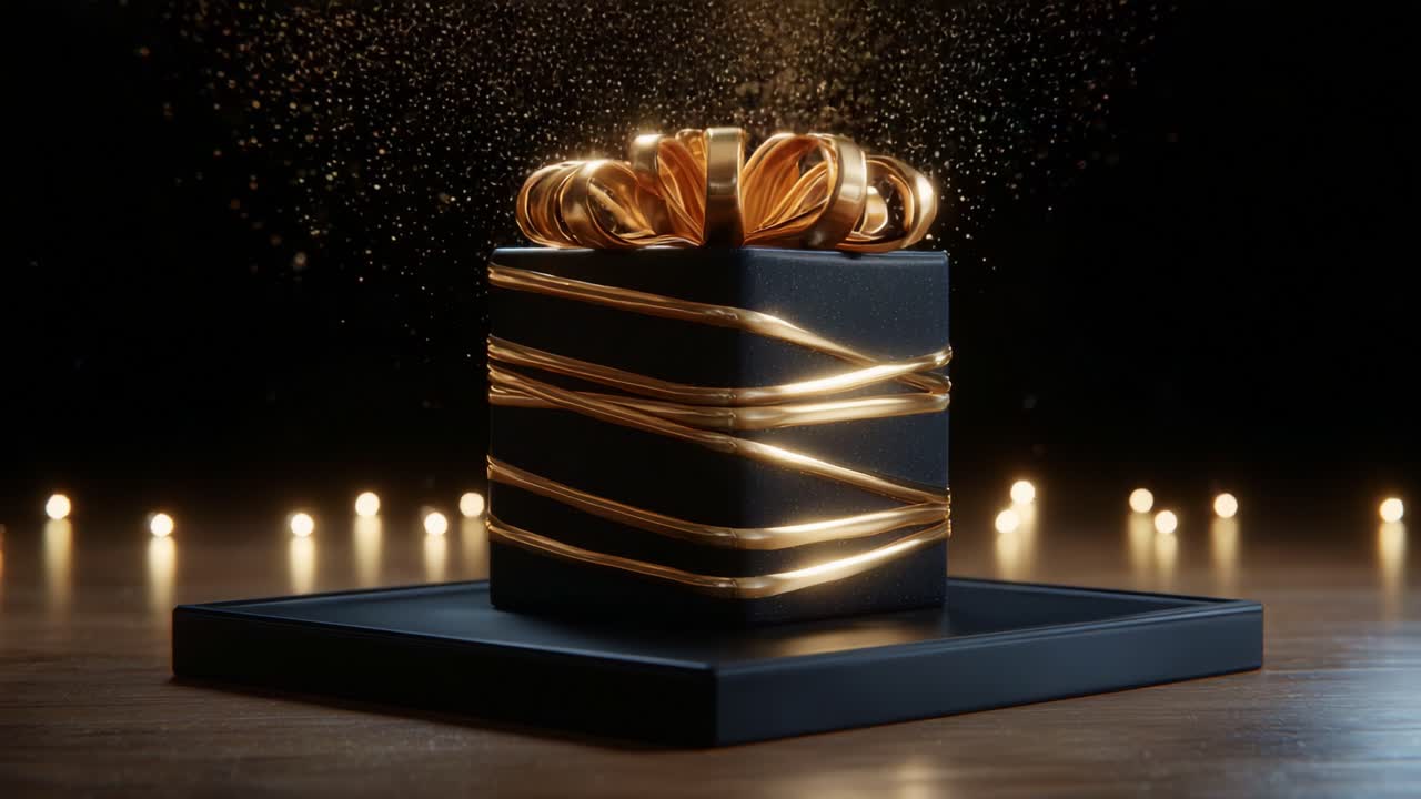 A Stunningly Designed Gift Box with Elegant Golden Ribbon and Shimmering Sparkles, Enhanced by Soft Lights, Captivating the Eye in a Beautifully Crafted Presentation for Celebratory Moments