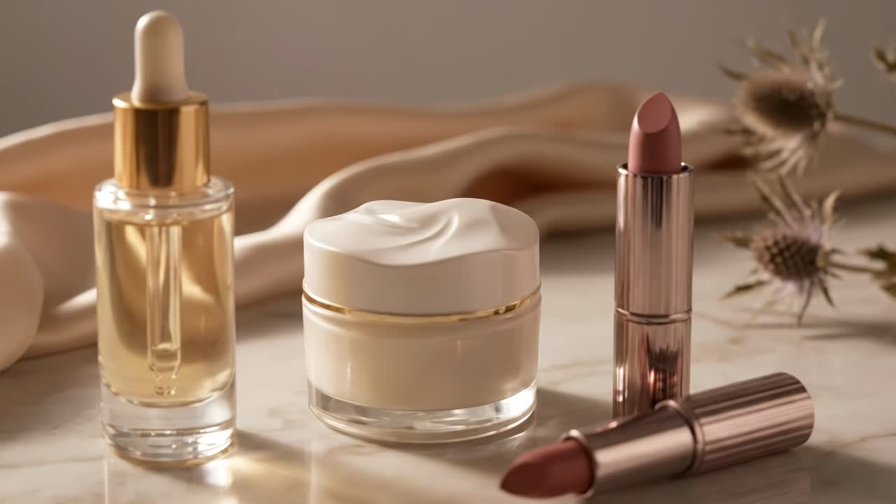 Prodotti cosmetici eleganti esposti su marmo con raso e fiori secchi