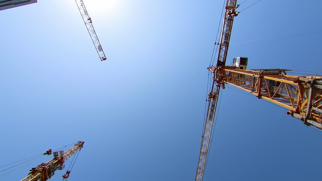 Imposing Construction Cranes Reaching High Against a Clear Blue Sky in an Urban Setting, Showcasing the Scale of Modern Engineering and Structure Development