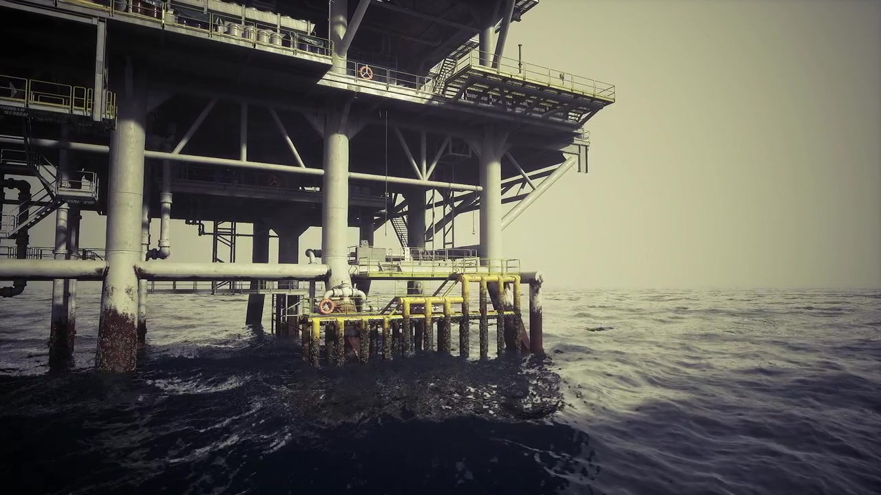 Offshore oil extraction setup with equipment and safety measures present