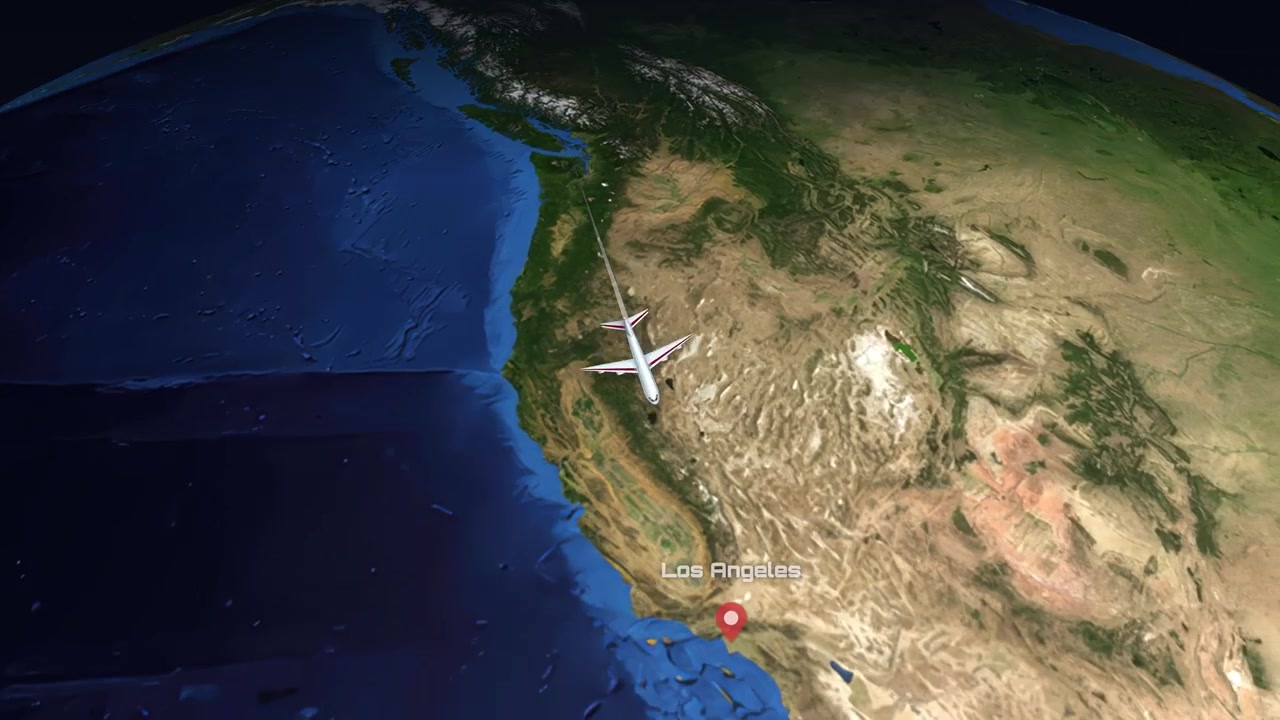 A digital animation tracks an airplane flying across the globe from Mumbai to Los Angeles