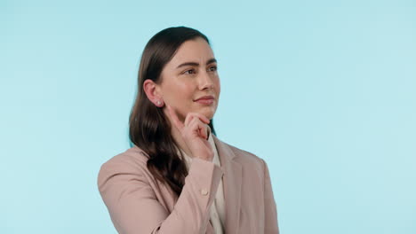 pensamiento, cara y mujer de negocios en el estudio