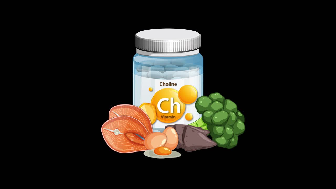 Choline supplement bottle appears with salmon, broccoli, egg, and liver on black background, smooth transitions