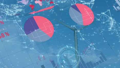 Animación-Del-Tic-tac-Del-Reloj-Y-Procesamiento-De-Datos-Estadísticos-Sobre-Un-Molino-De-Viento-Giratorio-Contra-El-Cielo-Azul