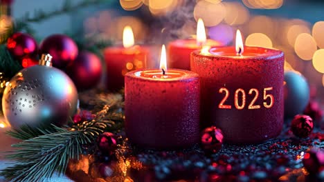 a lit candle with the number 2025 written on it. the candles are red and are arranged in a row