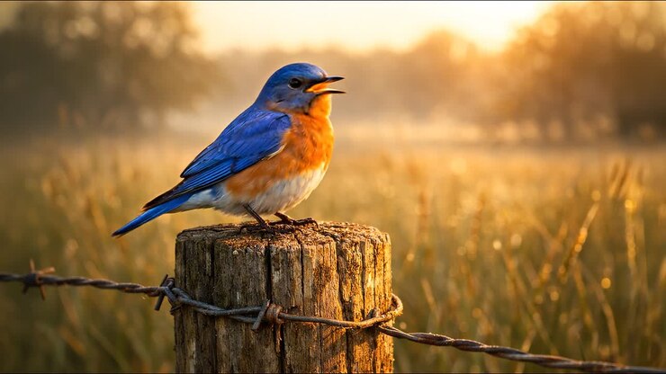 Vibrant Bluebird Perched on a Fence Post in Golden Hour Light