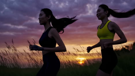 two women jogging at sunset