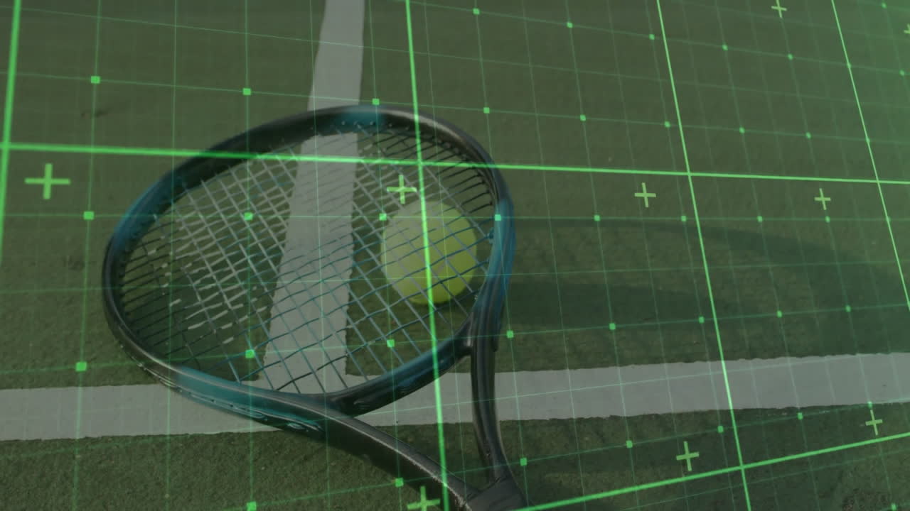 Tennis racket being displayed lying diagonally on green court, with grid overlay highlighting ball