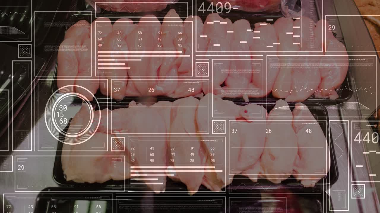 HUD activating and scanning trays of raw chicken fillets, changing readouts and monitoring stock