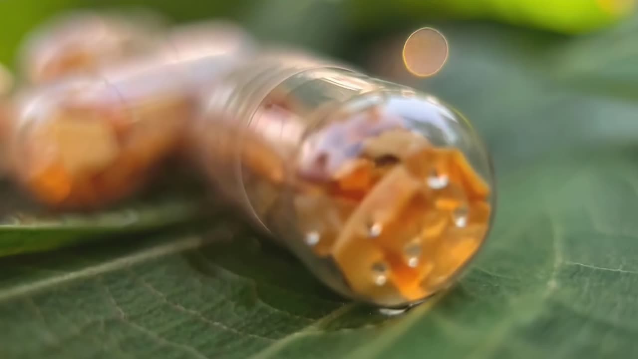 Video ravvicinato di capsule su foglie rugiadose, ripreso all'alba con un effetto soft focus