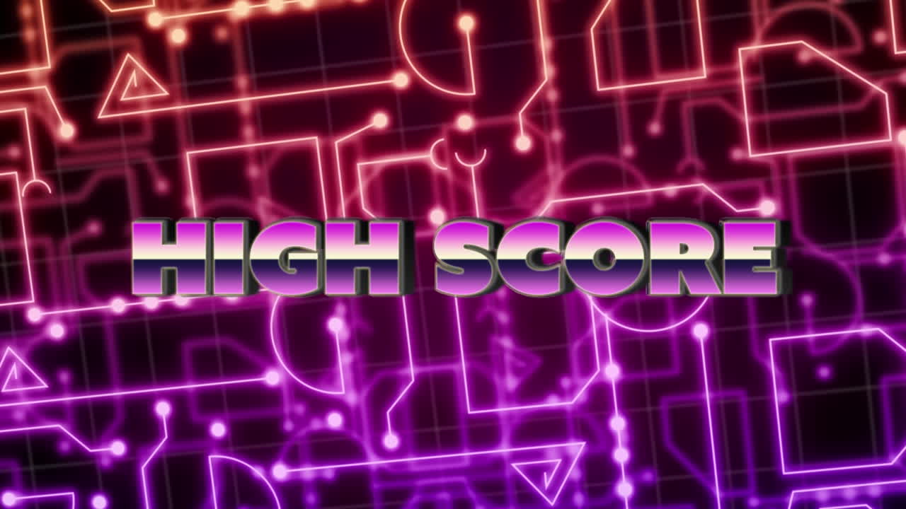 Animation of high score text over neon computer circuit board on black background