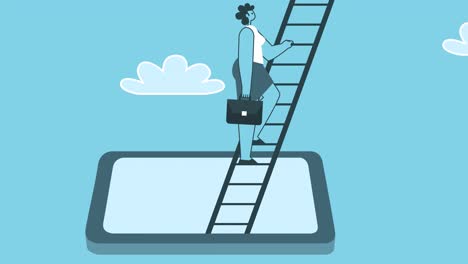 woman with briefcase climb up the ladder stairs from smartphone. flat design cartoon character isolated loop 2d animation with alpha channel