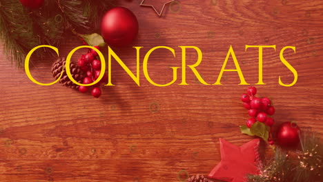 animation of congrats text over christmas decorations
