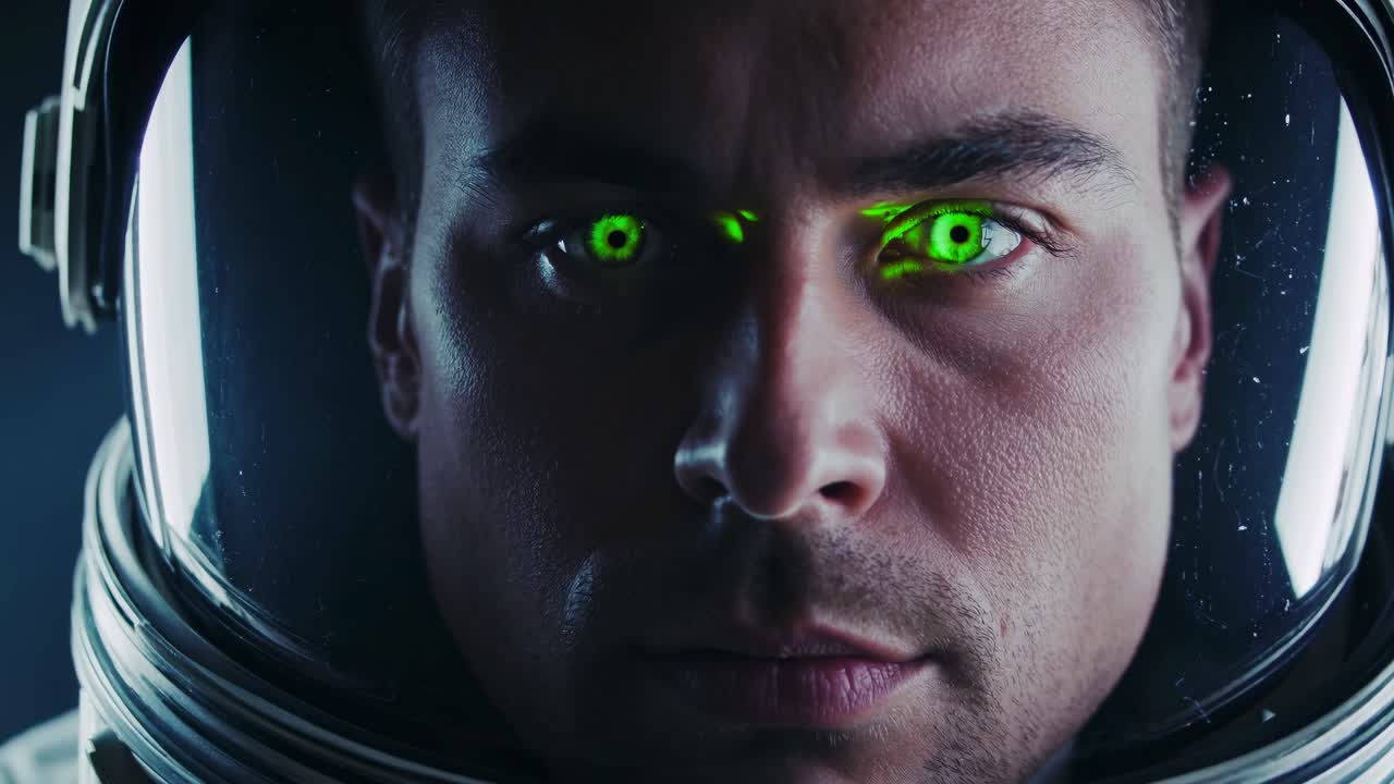 Close-up video shot of an astronaut's face in a helmet, capturing intense focus and determination