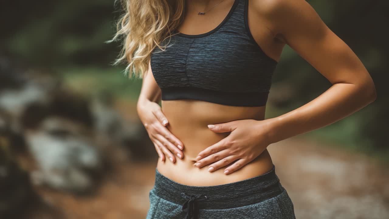 A young woman in athletic clothing is touching her stomach, possibly indicating discomfort, while standing outdoors in a serene natural setting surrounded by greenery
