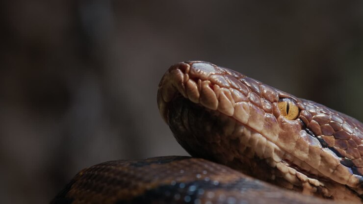 A large reticulated python curled up in a ring, lies in the branches of a tree. Close-up shot